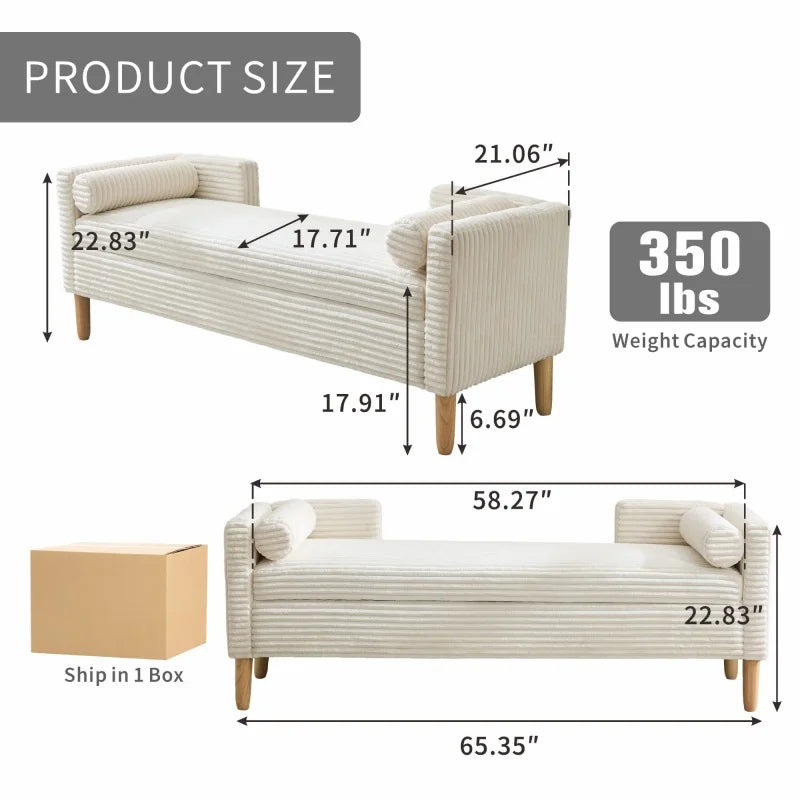 M Hot Sale King Size End of Bed Storage Bench Upholstered Long Corduroy Window Bench Seat with Arms & Pillows for Bedroom