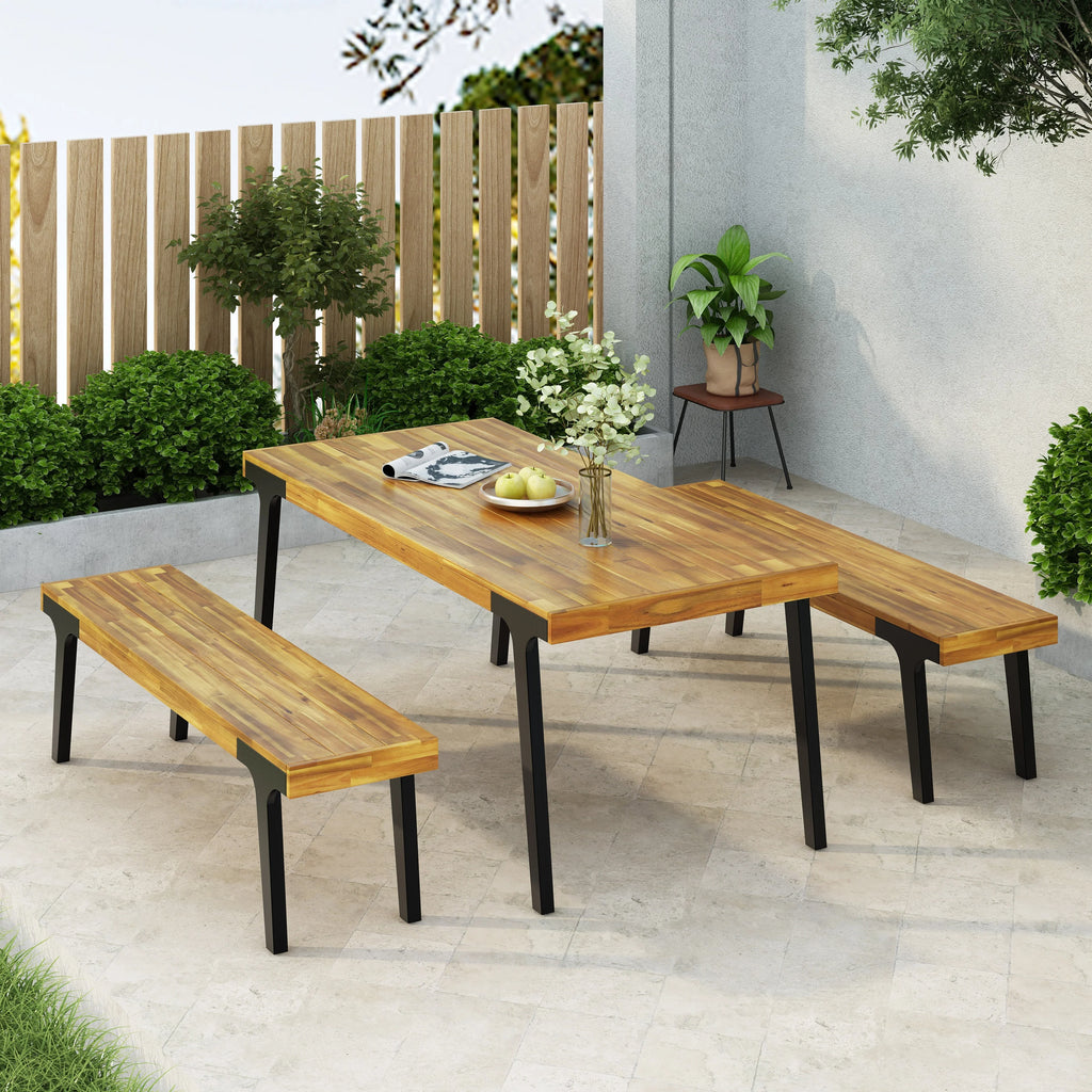 Modern Outdoor Dining Table and Benches Set with Light Teak + Wood