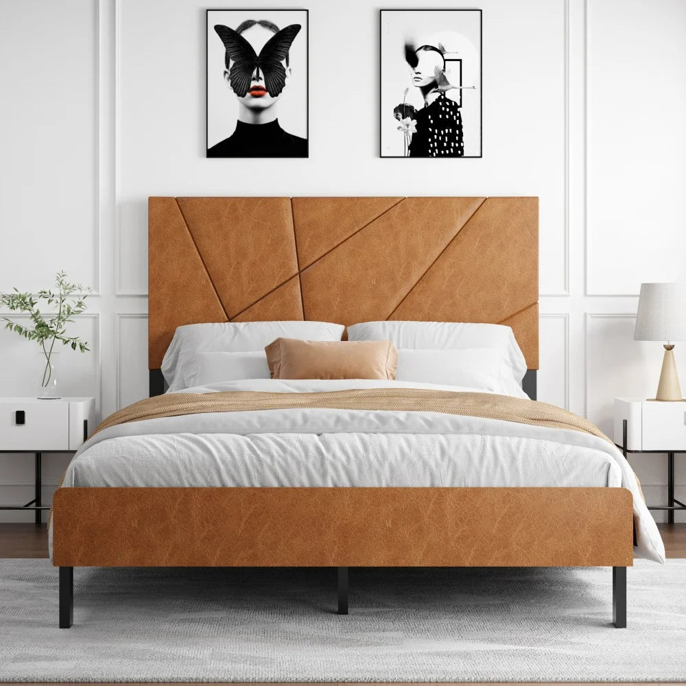 M Modern Full Size Bed Frame Metal Square Platform Home Furniture for General Use Hotel Frame Brown