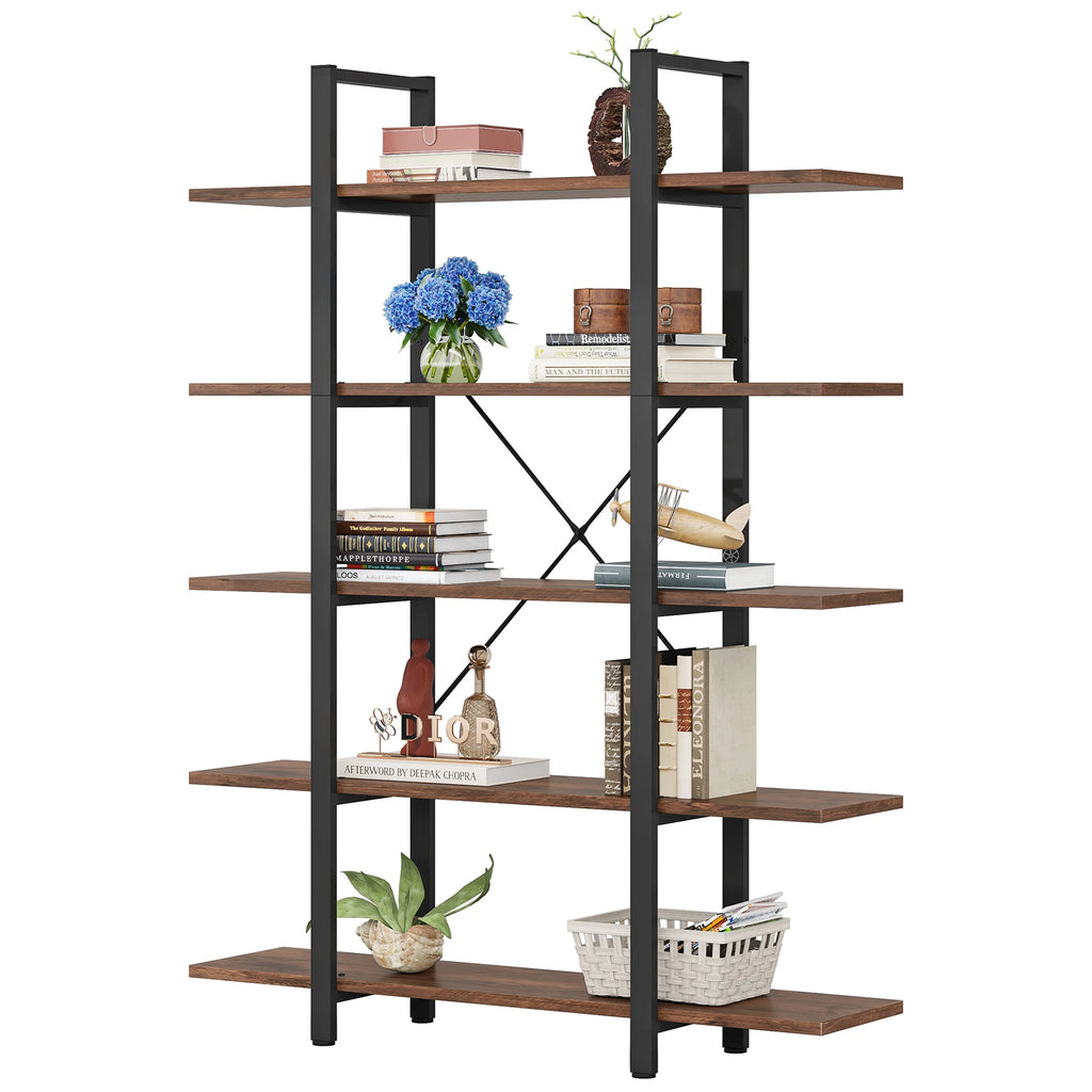 US Local 5-Tier Bookshelf, Industrial Bookcase, Vintage Tall Book Rack, 70" H X 11" D X 47" W, Fo Living Room, Home Office