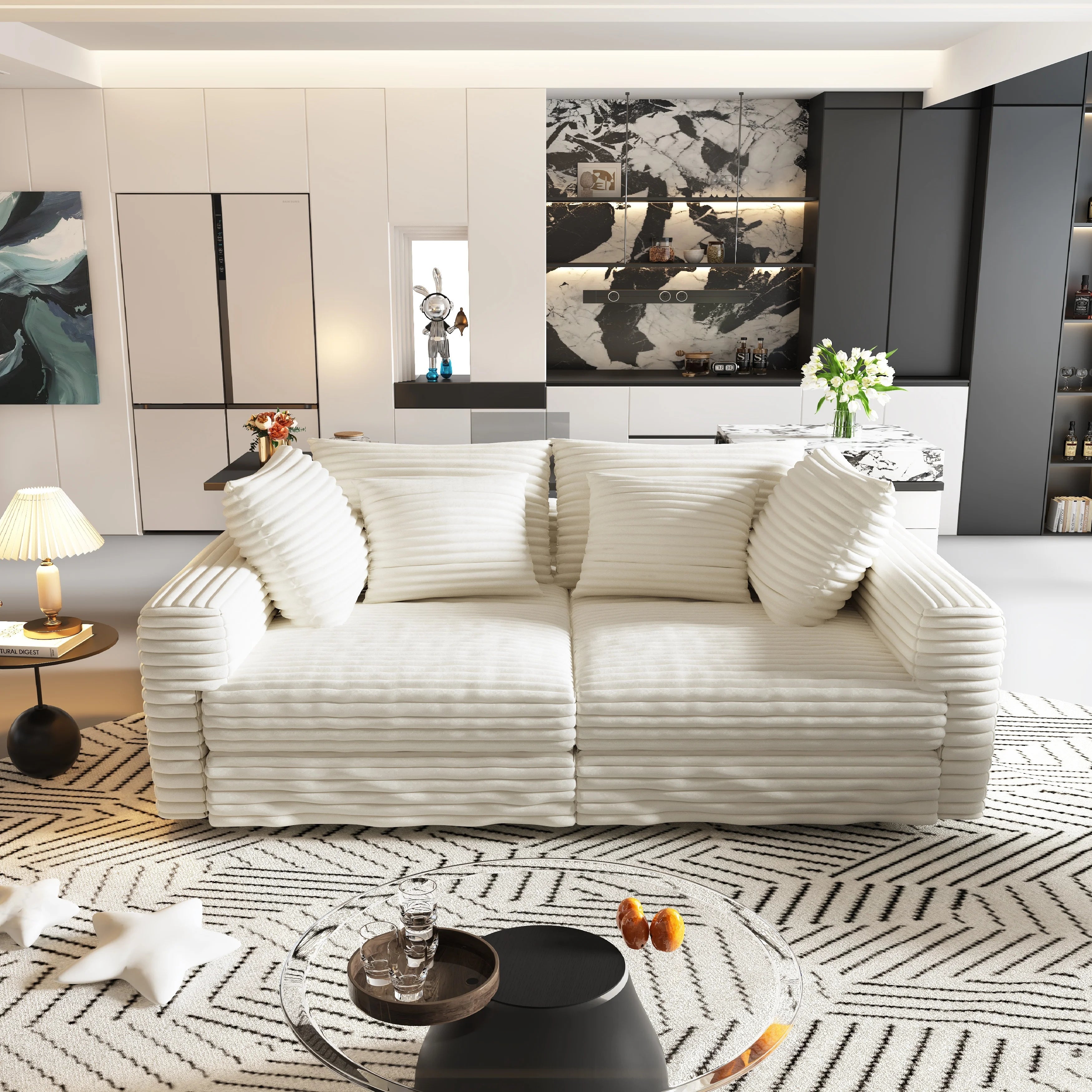 Plush Corduroy 4-Seat Sofa,Modern Comfy Upholstered Sofa Cloud Couch,Deep Seat Couches with Soft Pillows
