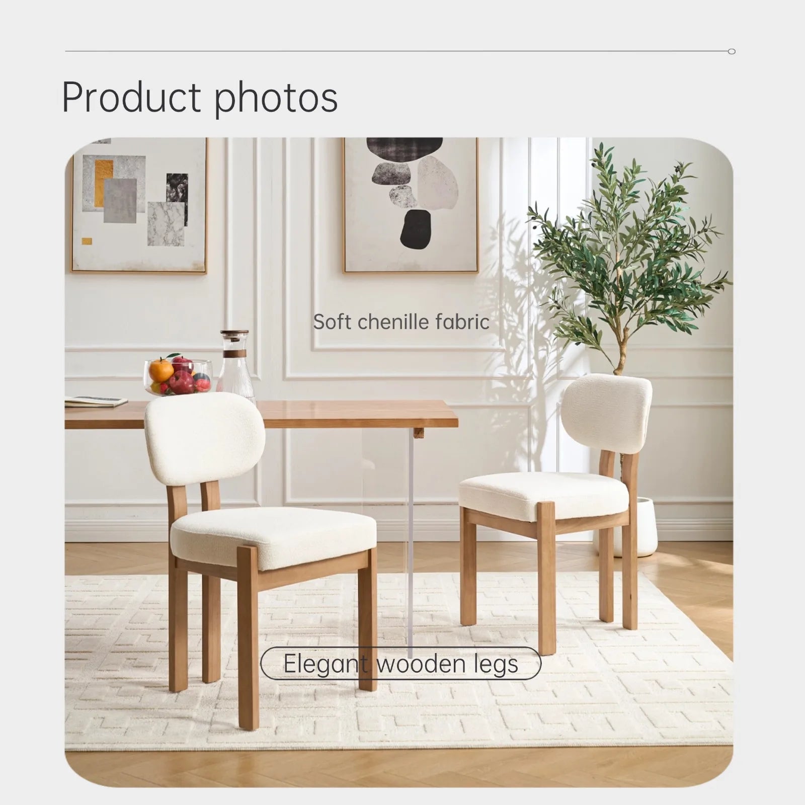 Modern Dining Room Chairs Set of 2, Minimalist Upholstered Chenile Fabric Kitchen Chair with Wooden Legs (Lake Blue/beige/grey)