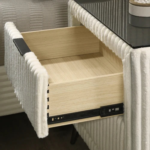 Mavela Modern Adjustable Wide Wale Corduroy Upholstery Panel Queen Bed 2 Nightstands Cream for Apartment Hotel Use Furniture Set