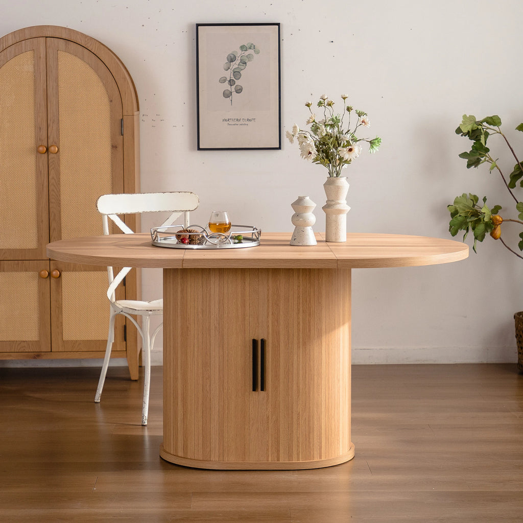 Modern Oval Dining Table with 2-Layer Storage Shelf and Assembled Dining Room Furniture for Home
