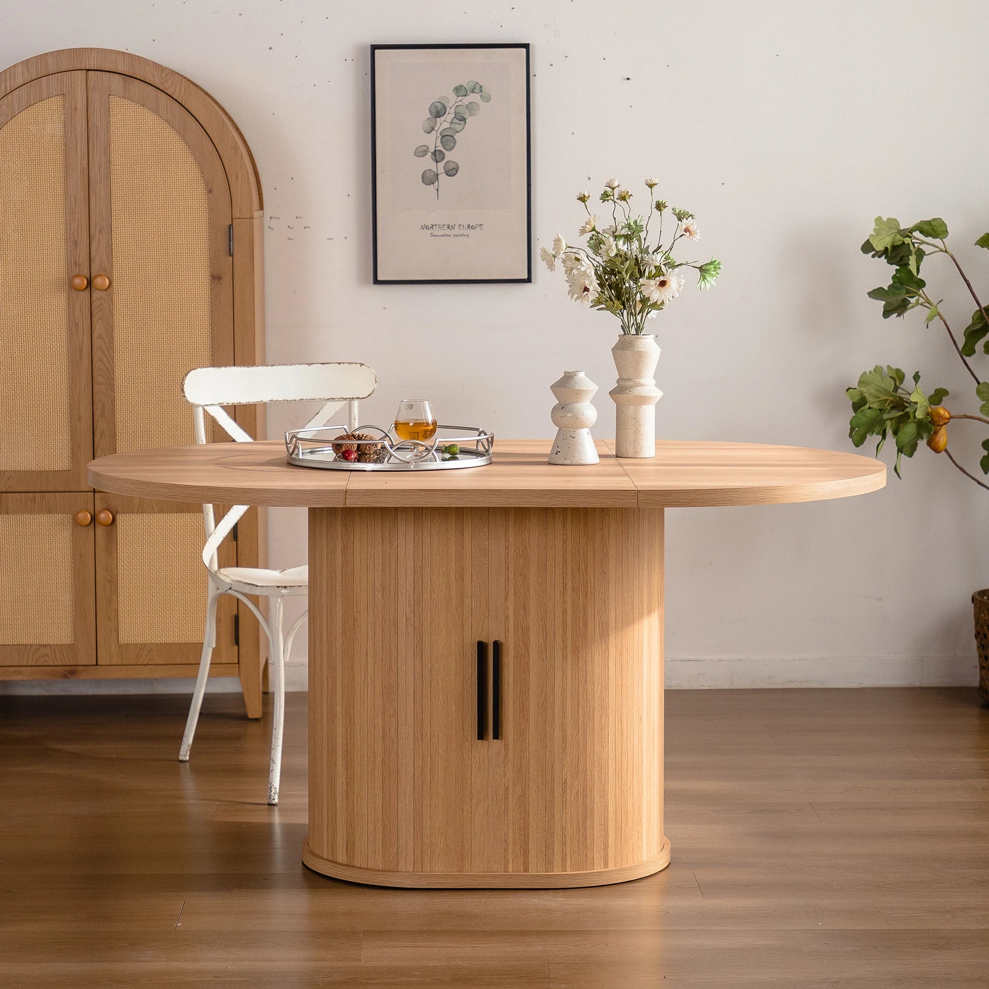 Modern Oval Dining Table with 2-Layer Storage Shelf and Assembled Dining Room Furniture for Home