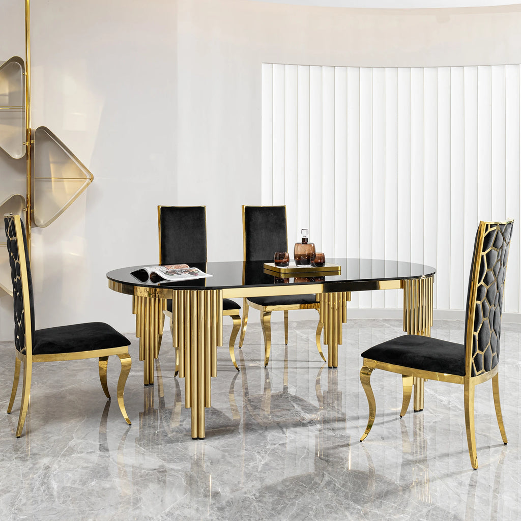Oval Silla De Comedor Modern Luxury Gold Stainless Steel and Black Glass Dining Table