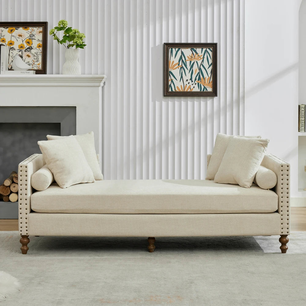 M Modern Wooden Sofa Bench Chenille Upholstered Sleeper Indoor Lounge Rubberwood Legs Chaise for Bedroom Living Room
