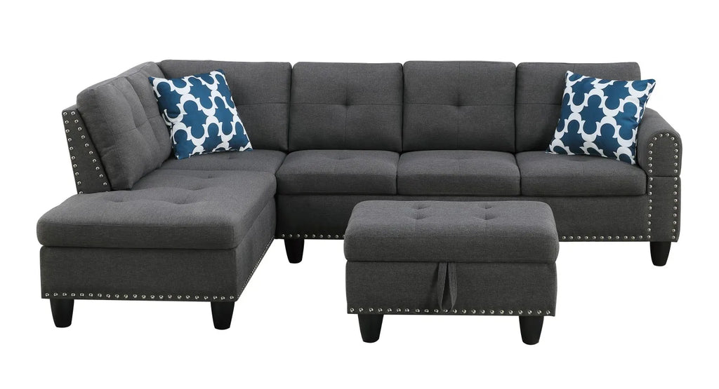98" Wide Three Seat Left Hand Facing L-Shaped Corner Sectional Sofa Storage Ottoman Eco-Friendly Durable Linen Upholstery Sofa