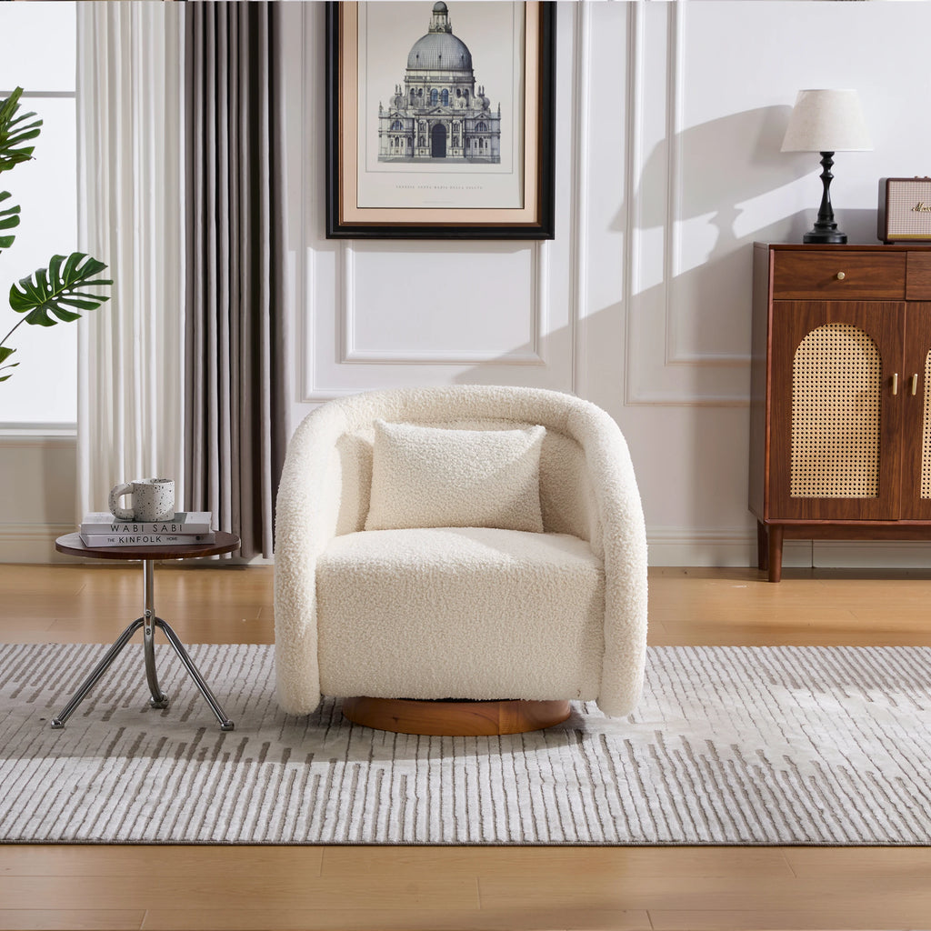 Simple Design Beige Teddy Decor Round Swivel Barrel Accent Arm Chair with Wooden Base for Living Room