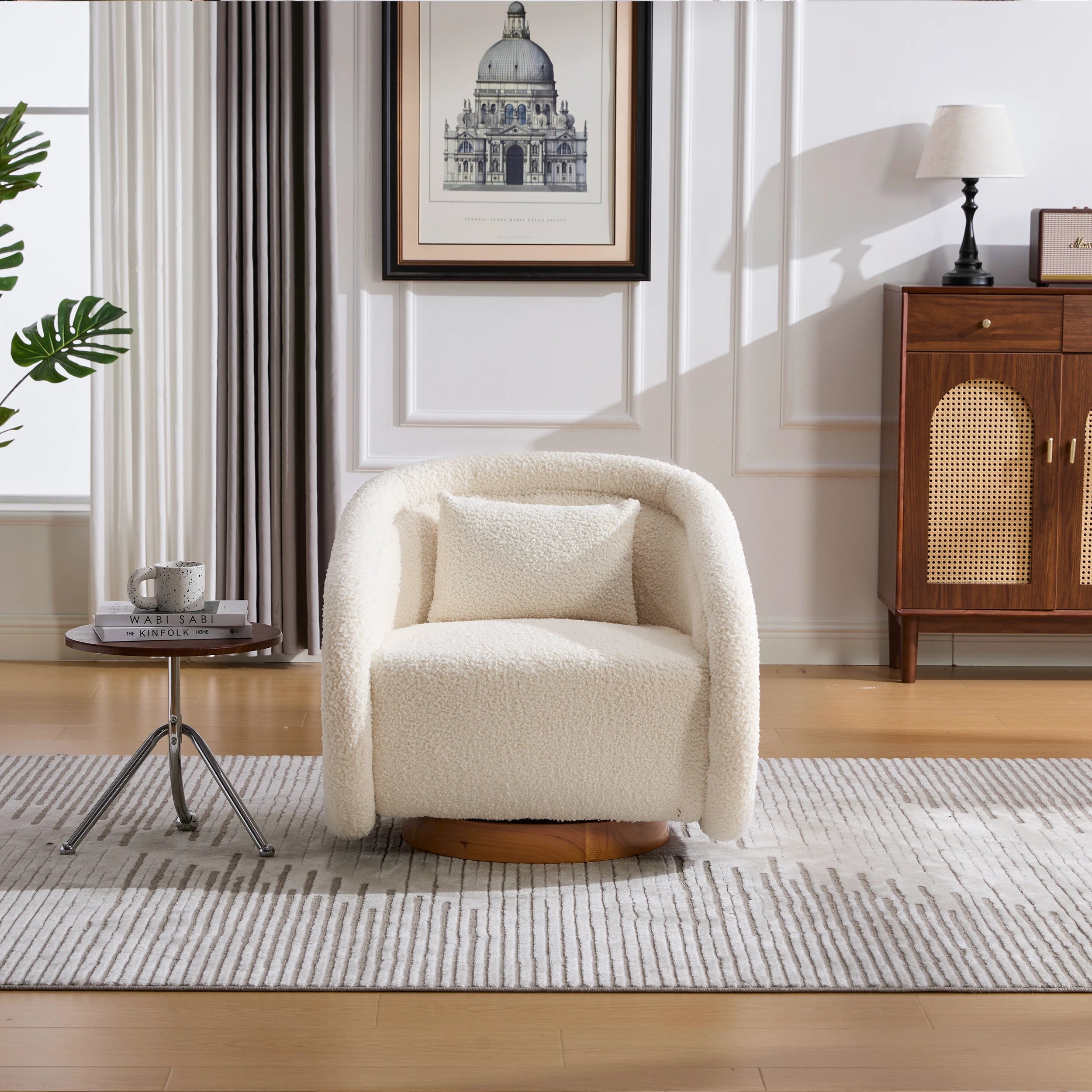 Simple Design Beige Teddy Decor Round Swivel Barrel Accent Arm Chair with Wooden Base for Living Room