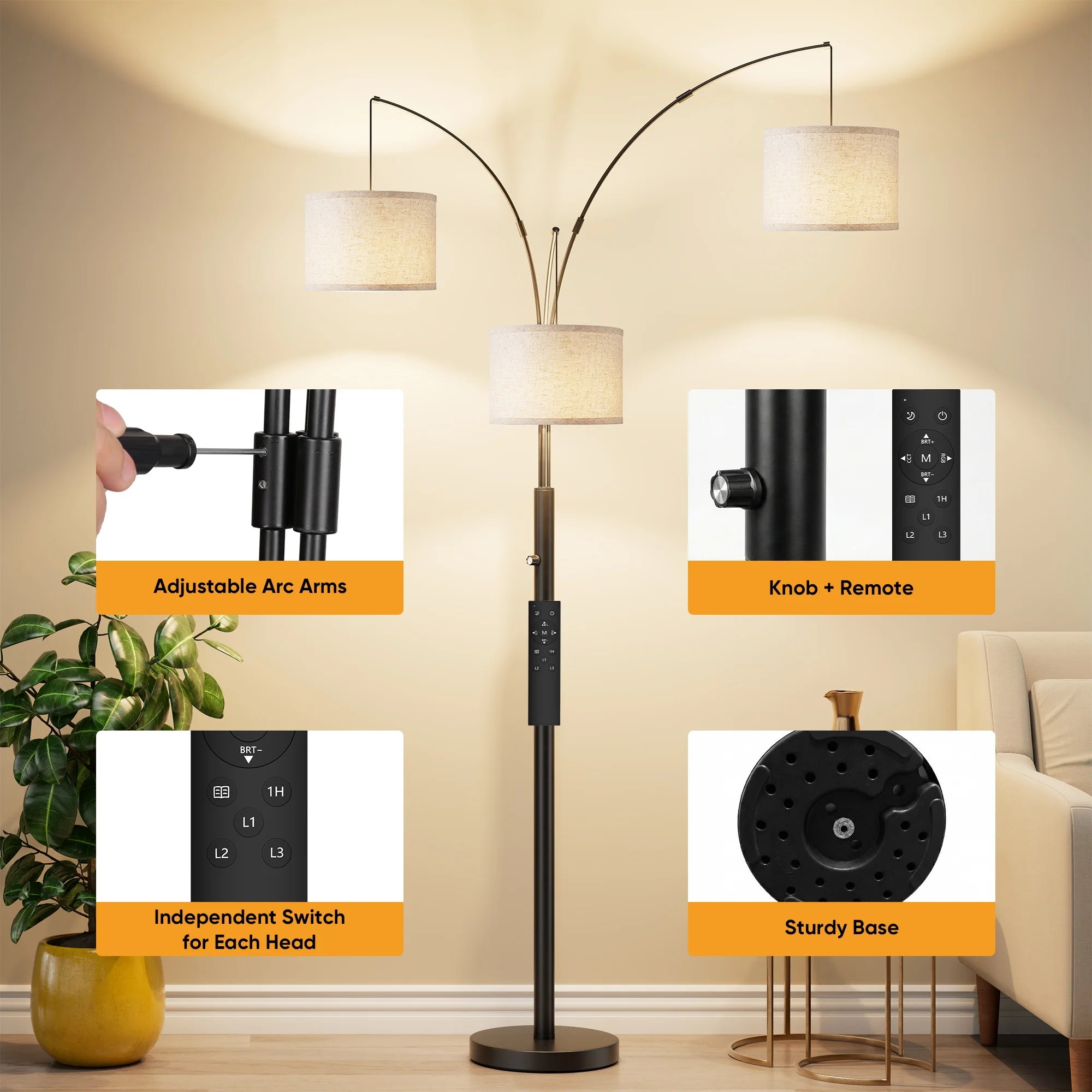 Modern 3-Head Dimmable Floor Lamp