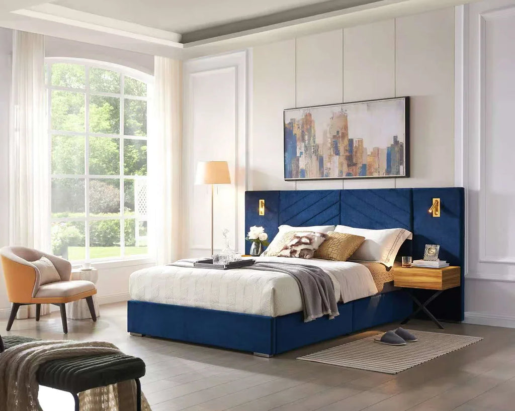 Queen Size Modern Adjustable Velvet Bed Frame with Vertical Channel Tufted Wingback Headboard and Upholstered Platform Bed