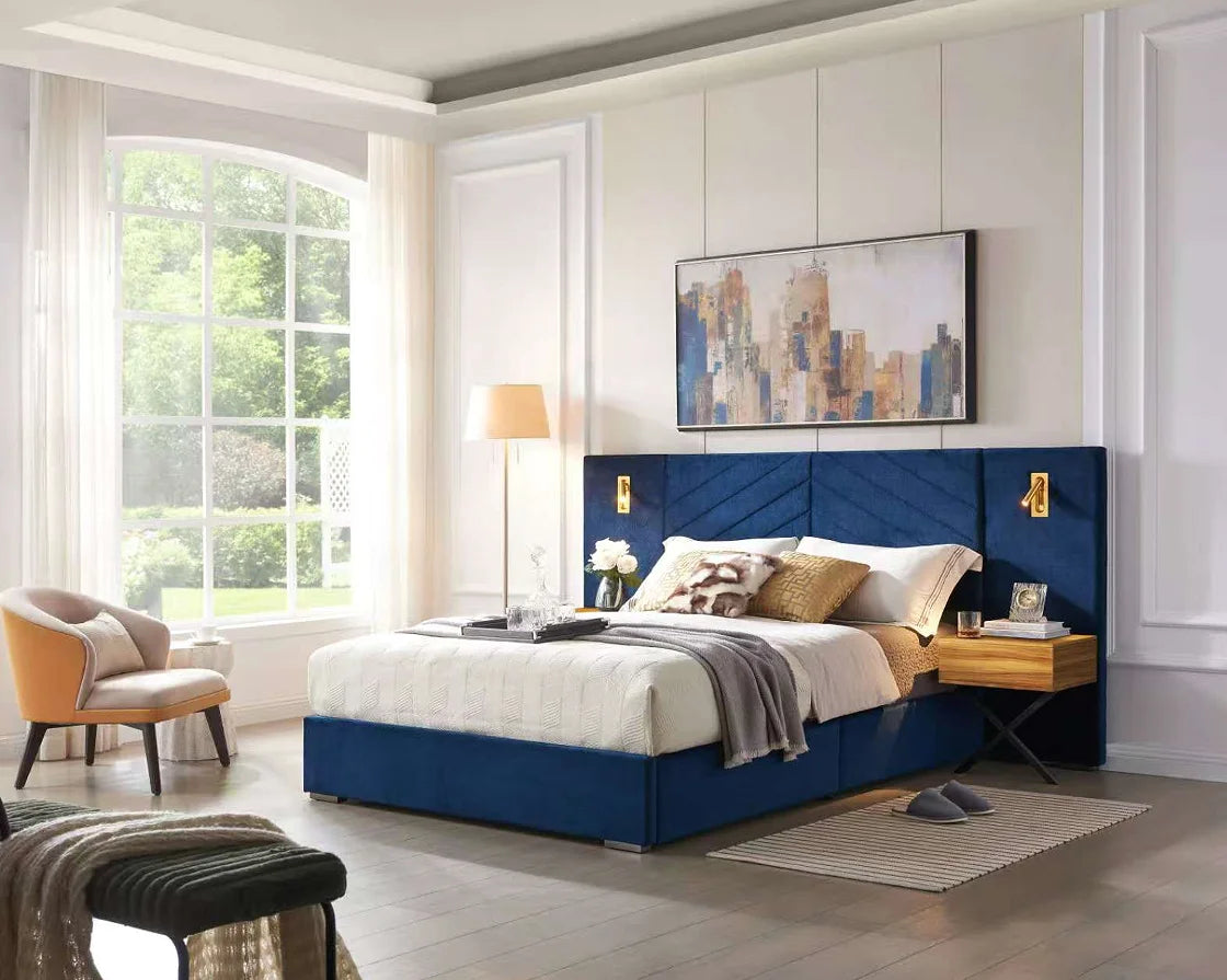 Queen Size Modern Adjustable Velvet Bed Frame with Vertical Channel Tufted Wingback Headboard and Upholstered Platform Bed