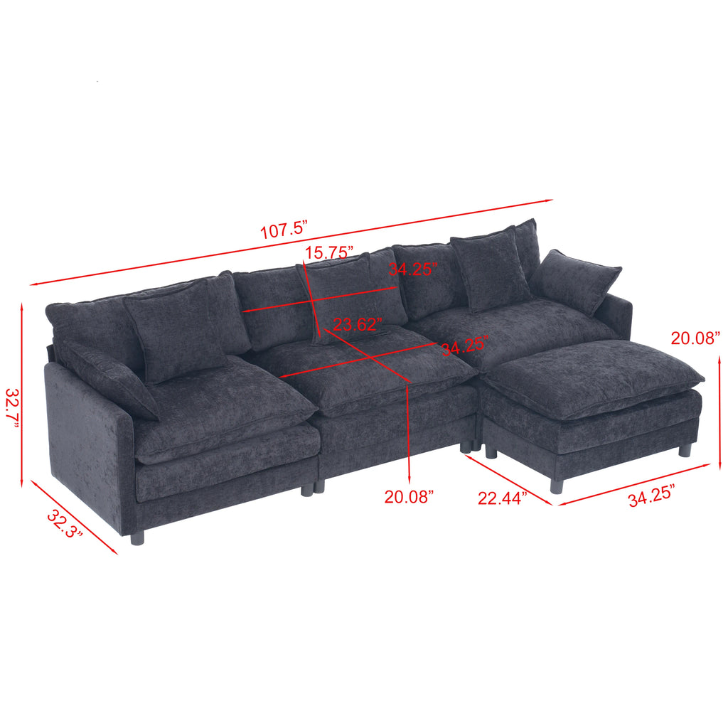 Black Chenille Fabric L-Shaped Modern Convertible Modular Sectional Sofa Three Seat Soft Pillow Ottoman for Apartment Living
