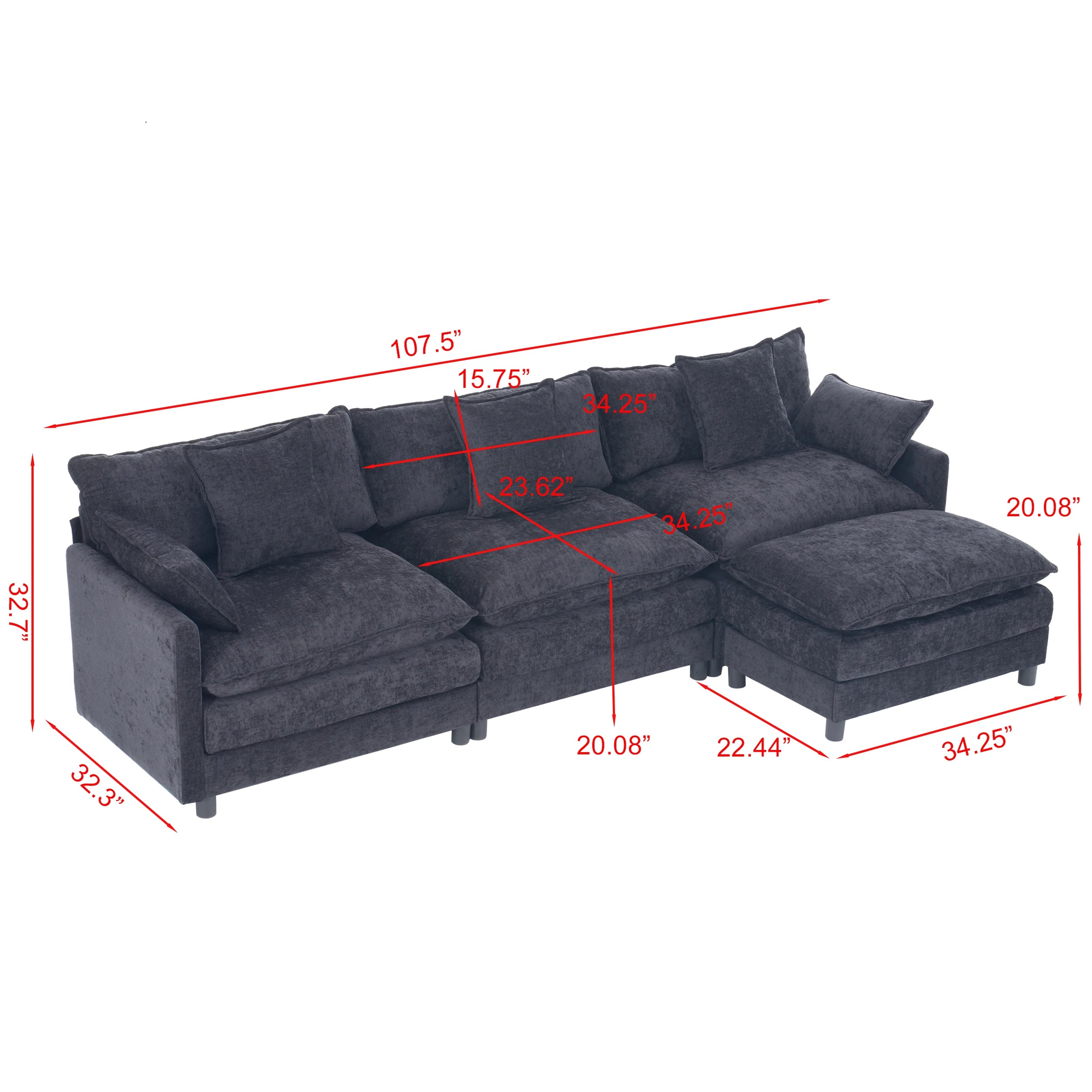 Black Chenille Fabric L-Shaped Modern Convertible Modular Sectional Sofa Three Seat Soft Pillow Ottoman for Apartment Living