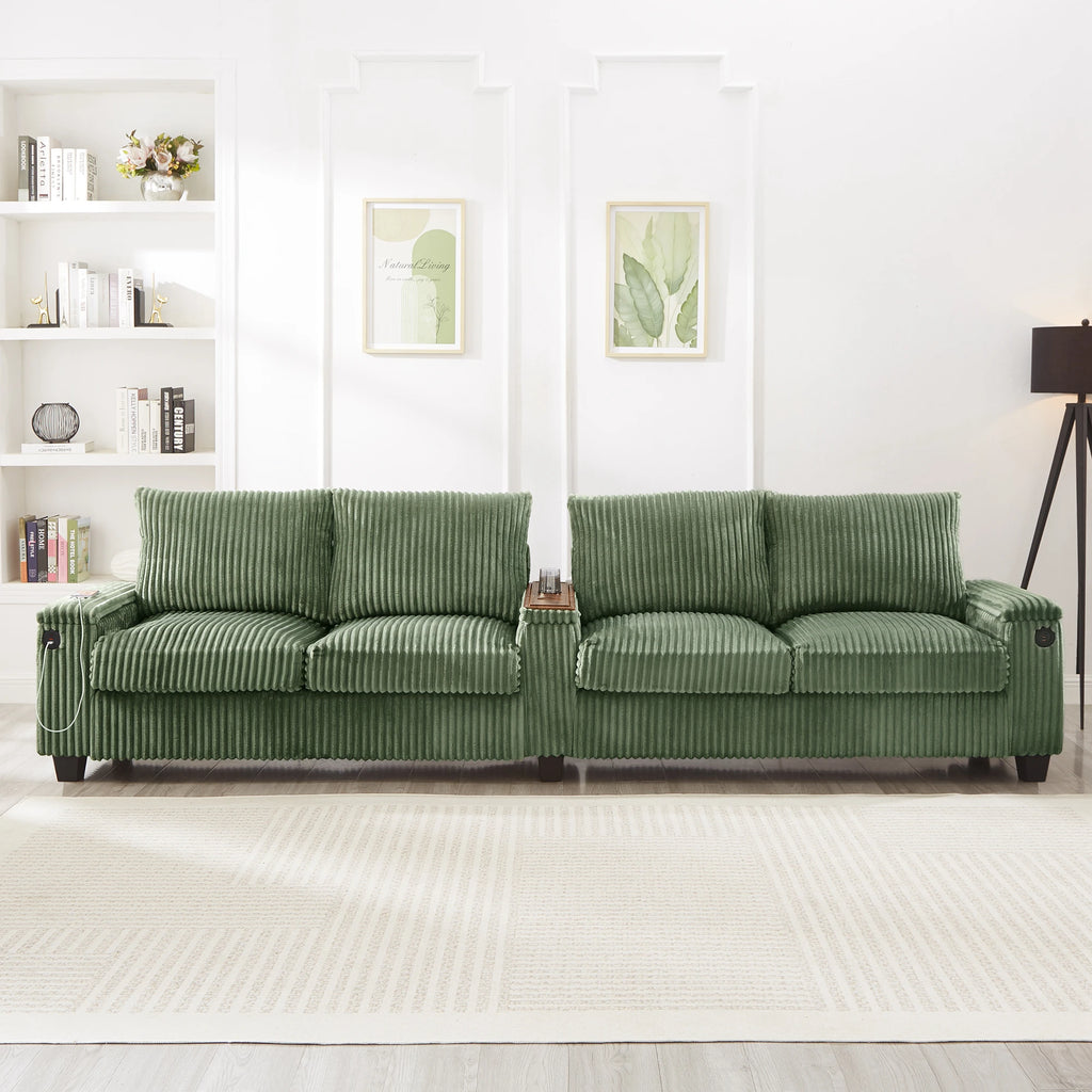 Modern Corduroy Sofa Couch USB Ports Hidden Storage Arms Flip-Top Cup Holders Reclining Feature for Bedroom Living Room