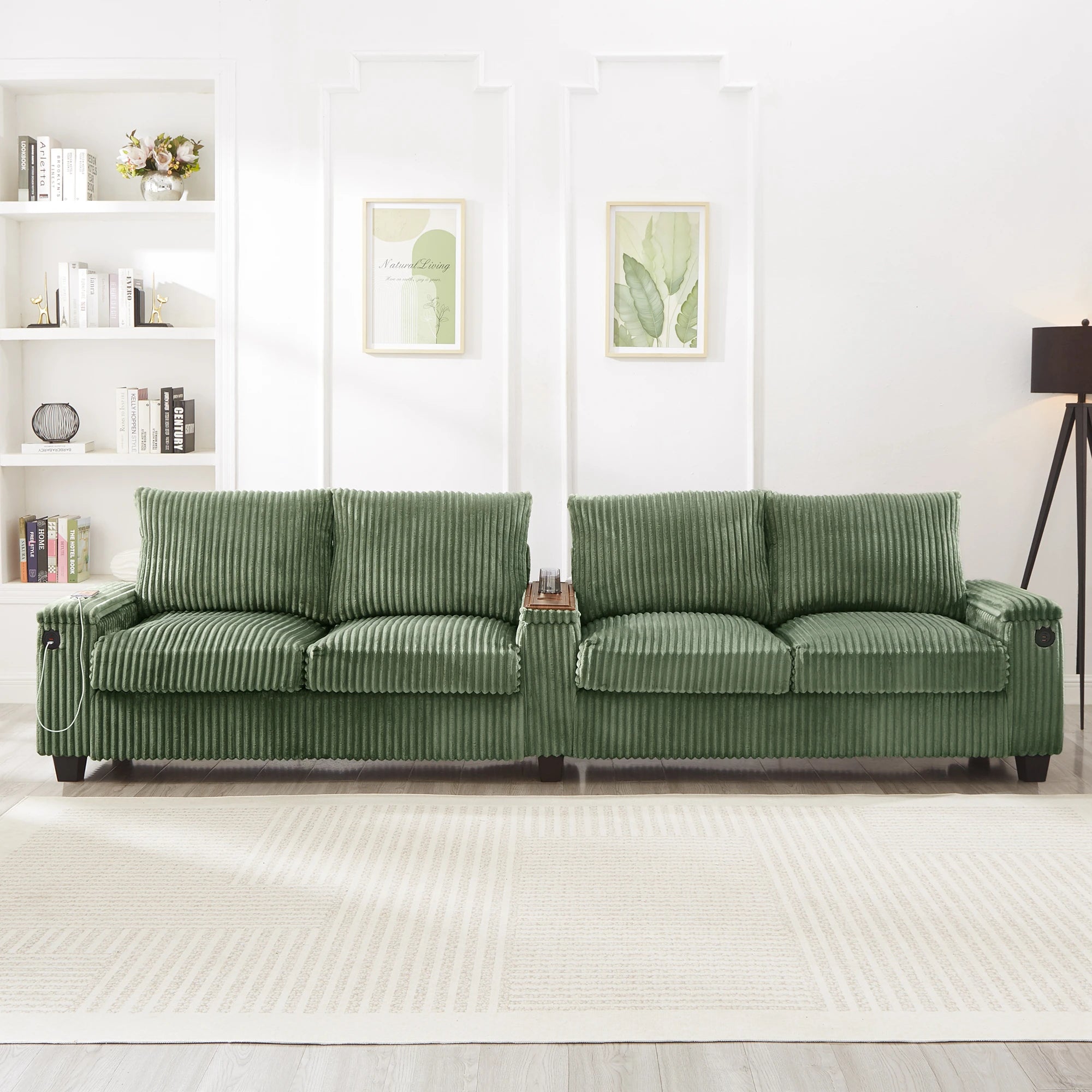 Modern Corduroy Sofa Couch USB Ports Hidden Storage Arms Flip-Top Cup Holders Reclining Feature for Bedroom Living Room