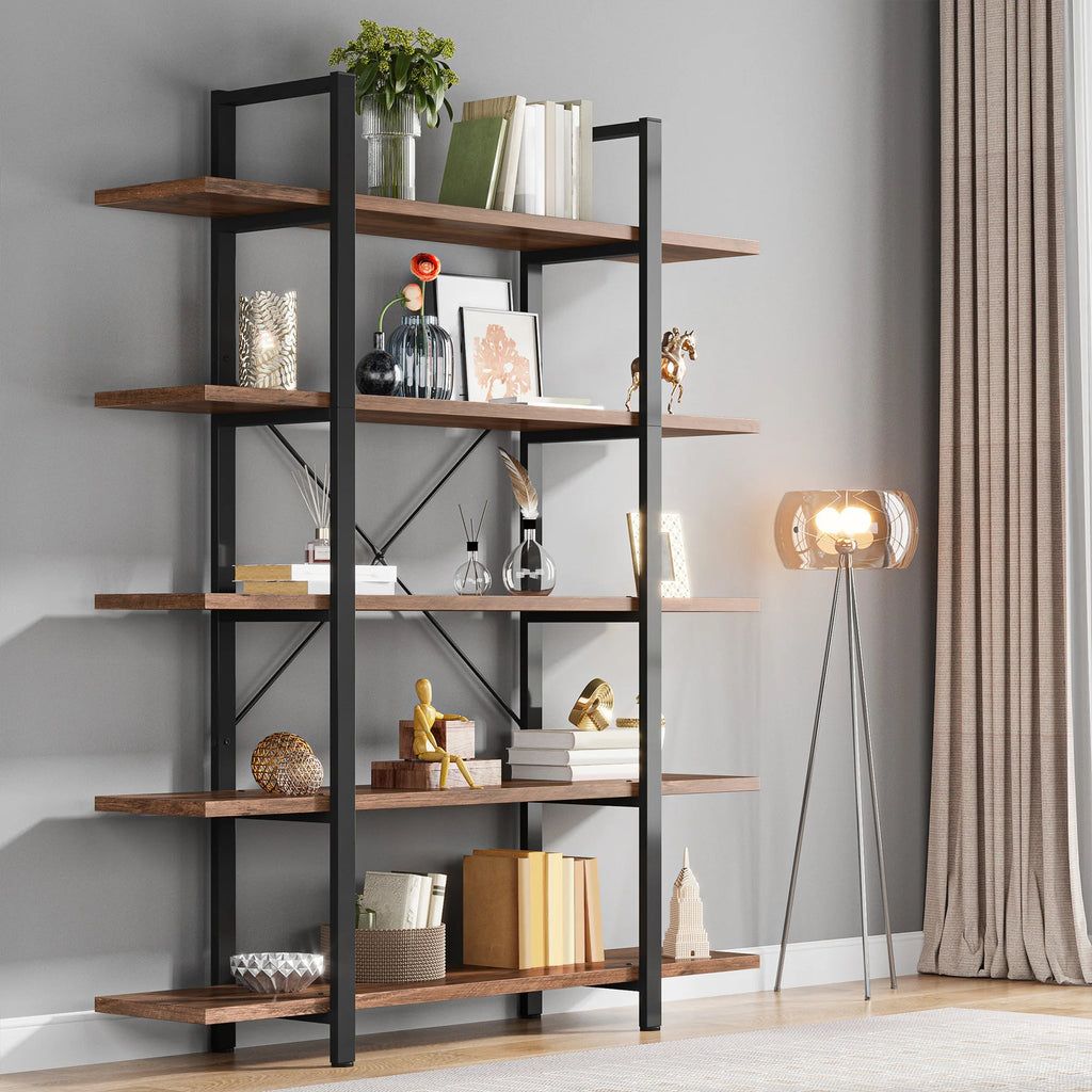 US Local 5-Tier Bookshelf, Industrial Bookcase, Vintage Tall Book Rack, 70" H X 11" D X 47" W, Fo Living Room, Home Office