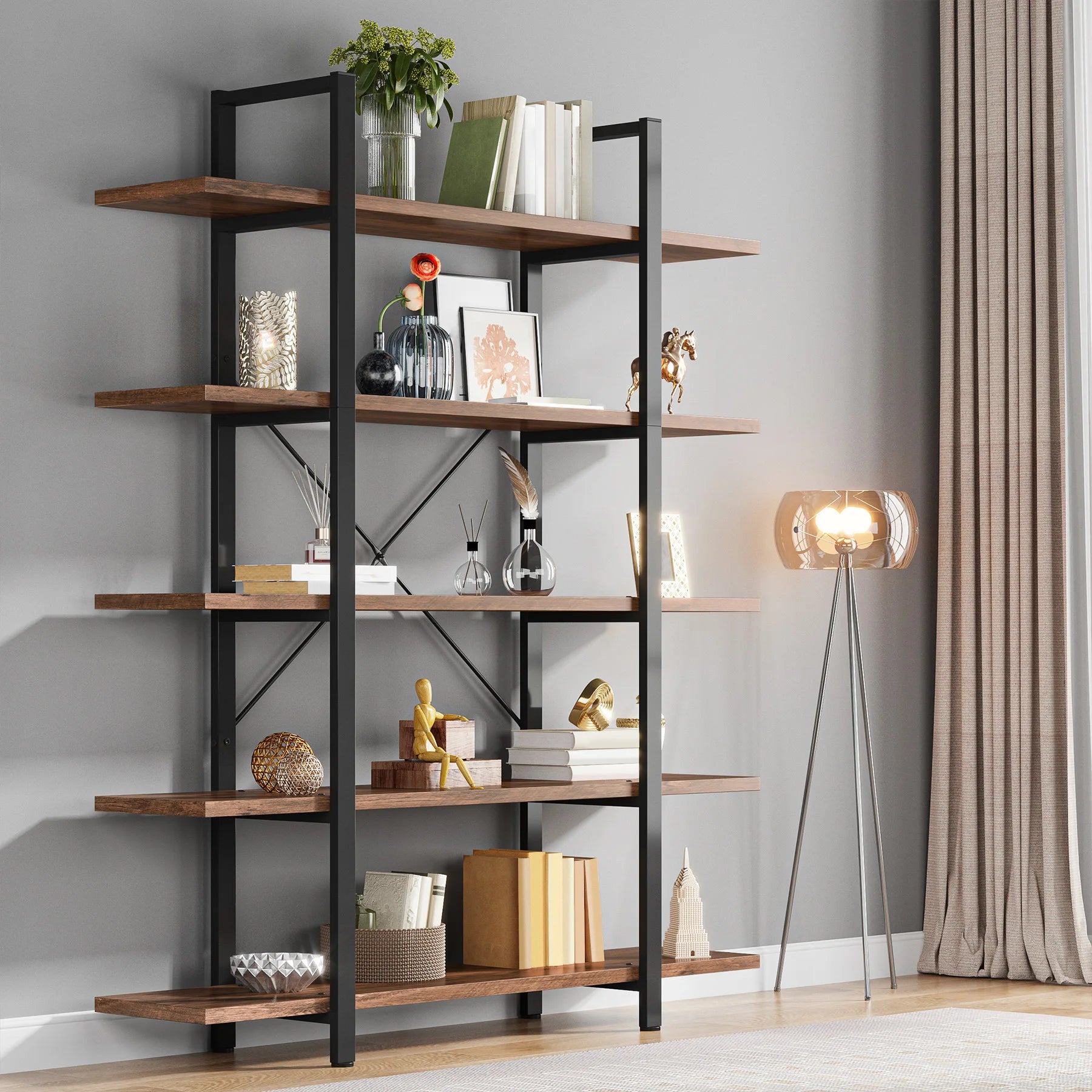 US Local 5-Tier Bookshelf, Industrial Bookcase, Vintage Tall Book Rack, 70" H X 11" D X 47" W, Fo Living Room, Home Office
