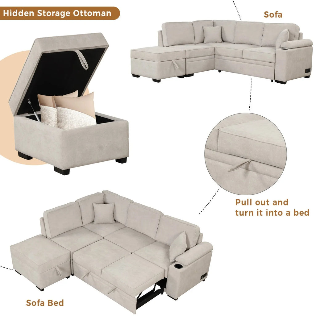 Three Seat Fabric Sofa Bed Pull-Out Function 2-in-1 L-Shape Couch Storage Ottoman for Living Room Bedroom Hotel Small Apartments