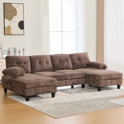 Square Convertible Sectional Sofa Set 103.5" Chenille Fabric with Dual Chaise Lounges Storage Pockets for Living Room