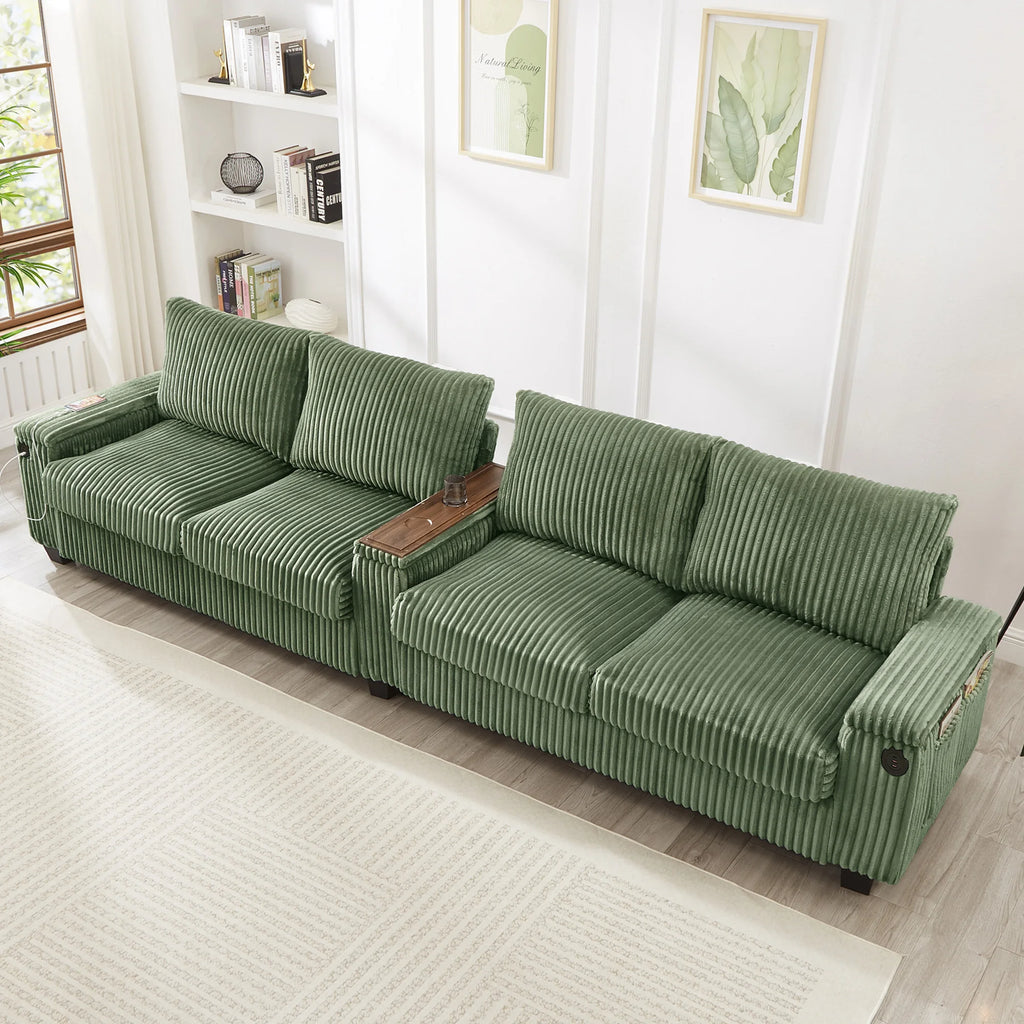 Modern Corduroy Sofa Couch USB Ports Hidden Storage Arms Flip-Top Cup Holders Reclining Feature for Bedroom Living Room