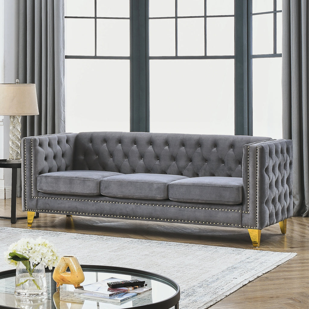 Velvet Sofa Set for Living Room Buttons Tufted Square Arm Modular Couch Modern Upholstered with Wood Legs
