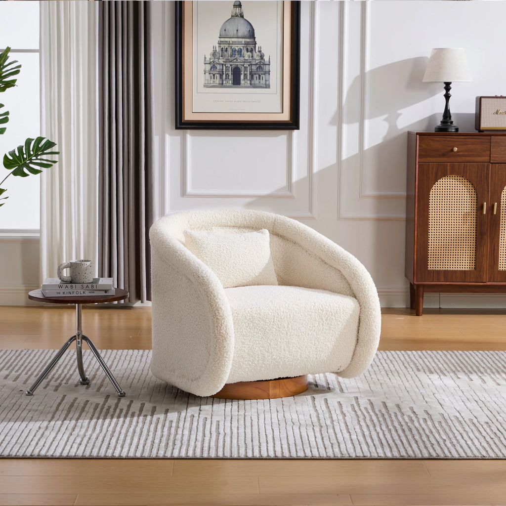 Simple Design Beige Teddy Decor Round Swivel Barrel Accent Arm Chair with Wooden Base for Living Room