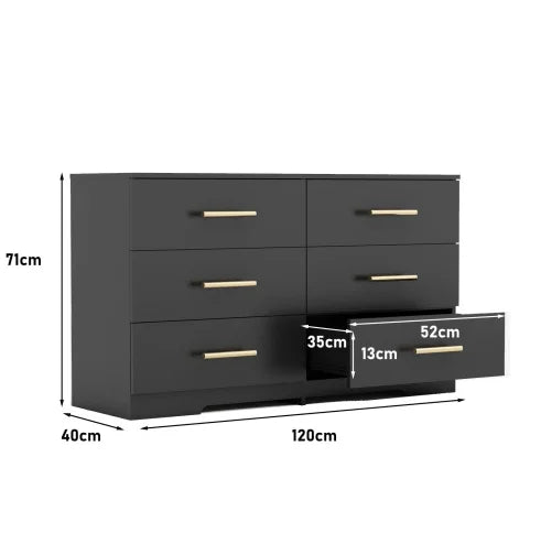 Modern Lighted Black Large 6-Drawers Chest of Drawers Dressers Table Golden Handles (Mirror Not Included) for Bedroom Hotel Use