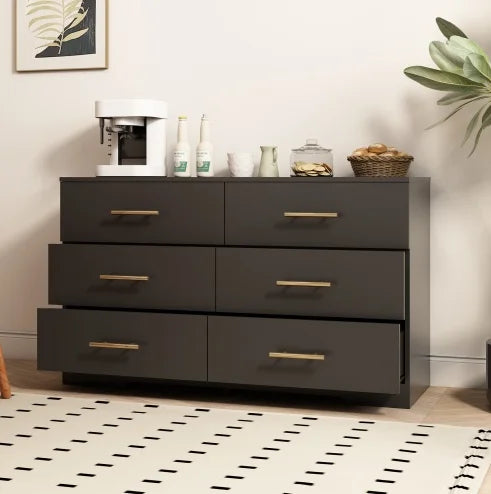 Modern Lighted Black Large 6-Drawers Chest of Drawers Dressers Table Golden Handles (Mirror Not Included) for Bedroom Hotel Use