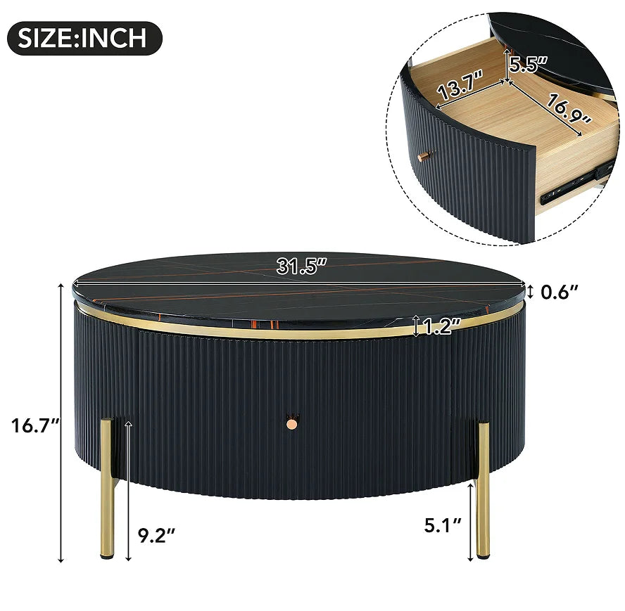 Modern Marble Round Coffee Table with 2 Large Drawers Storage Portable Accent Table for Living Room (31.5'')