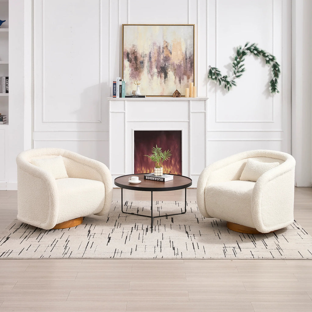 Simple Design Beige Teddy Decor Round Swivel Barrel Accent Arm Chair with Wooden Base for Living Room