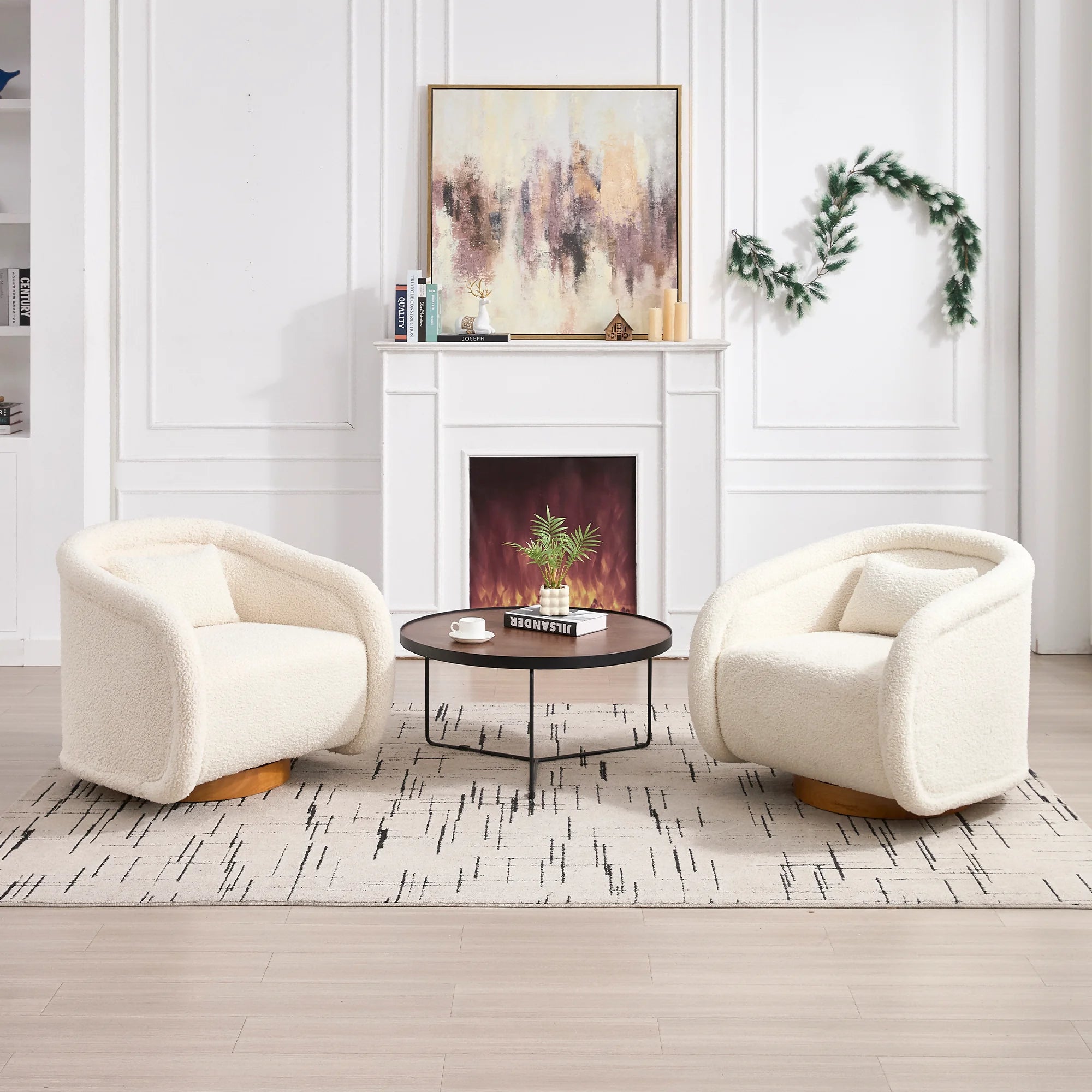 Simple Design Beige Teddy Decor Round Swivel Barrel Accent Arm Chair with Wooden Base for Living Room