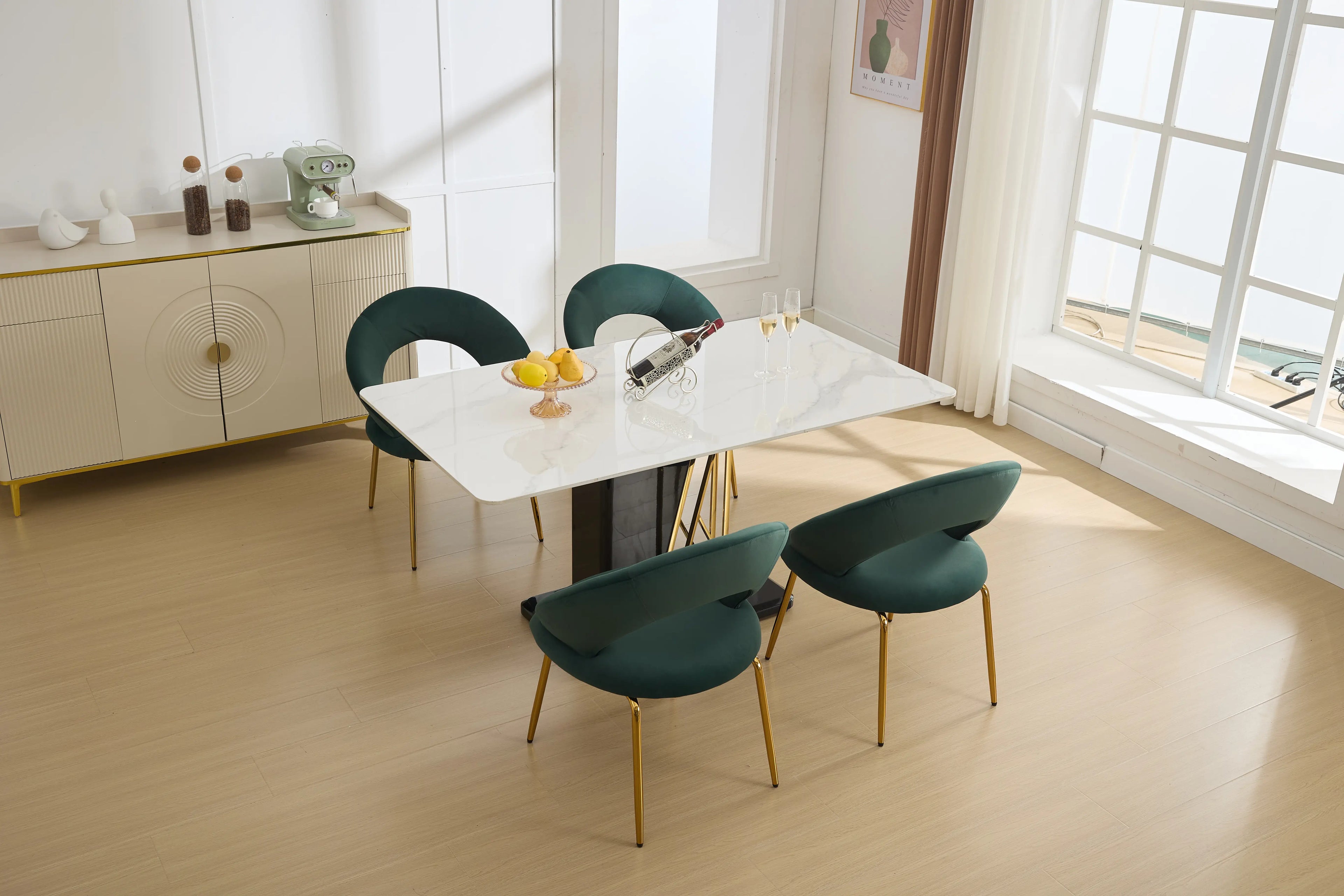 Set of 1 Modern Velvet Fabric Dining Chairs with Curved Backrest and Iron Legs for Dining Room or Living Rooms Green