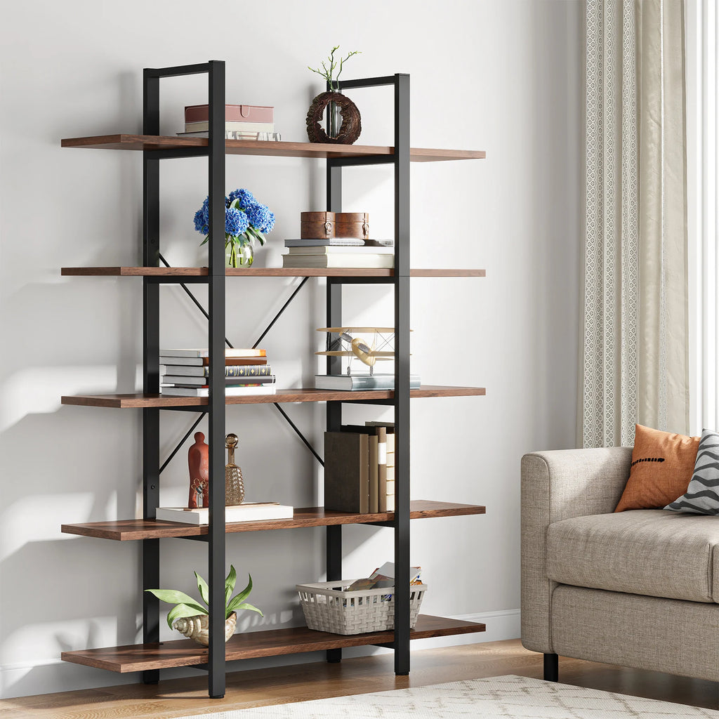 US Local 5-Tier Bookshelf, Industrial Bookcase, Vintage Tall Book Rack, 70" H X 11" D X 47" W, Fo Living Room, Home Office