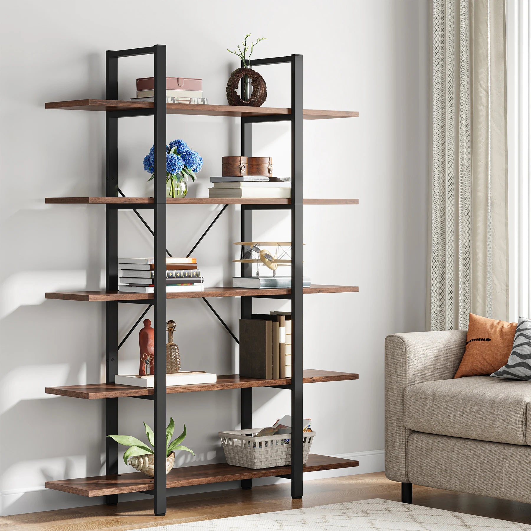 US Local 5-Tier Bookshelf, Industrial Bookcase, Vintage Tall Book Rack, 70" H X 11" D X 47" W, Fo Living Room, Home Office