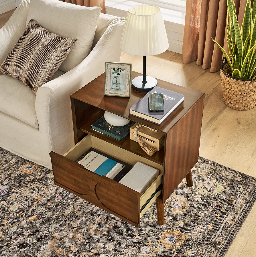 Mid Century Modern Fluted Bedroom Nightstand with Charging Station USB Ports & Outlet Hole & 4 Solid Wood Legs Eco-Friendly
