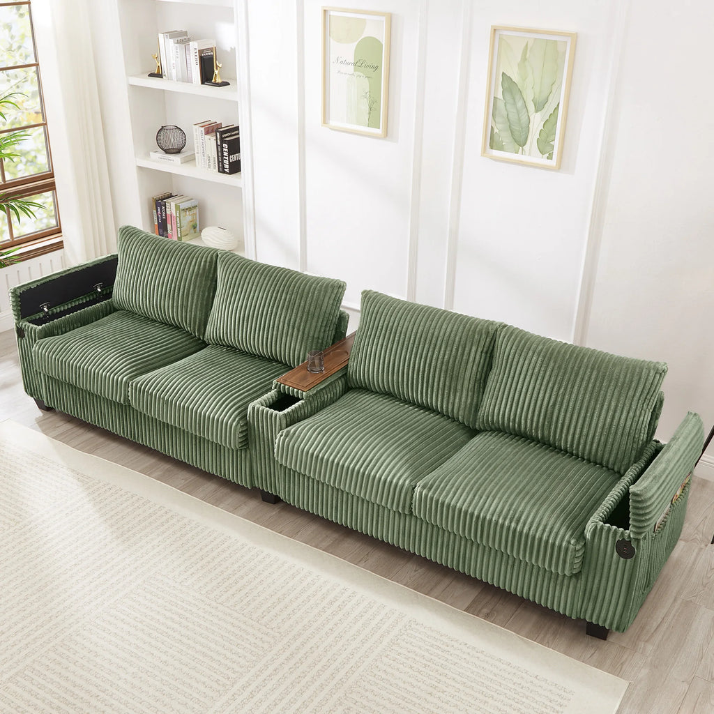 Modern Corduroy Sofa Couch USB Ports Hidden Storage Arms Flip-Top Cup Holders Reclining Feature for Bedroom Living Room