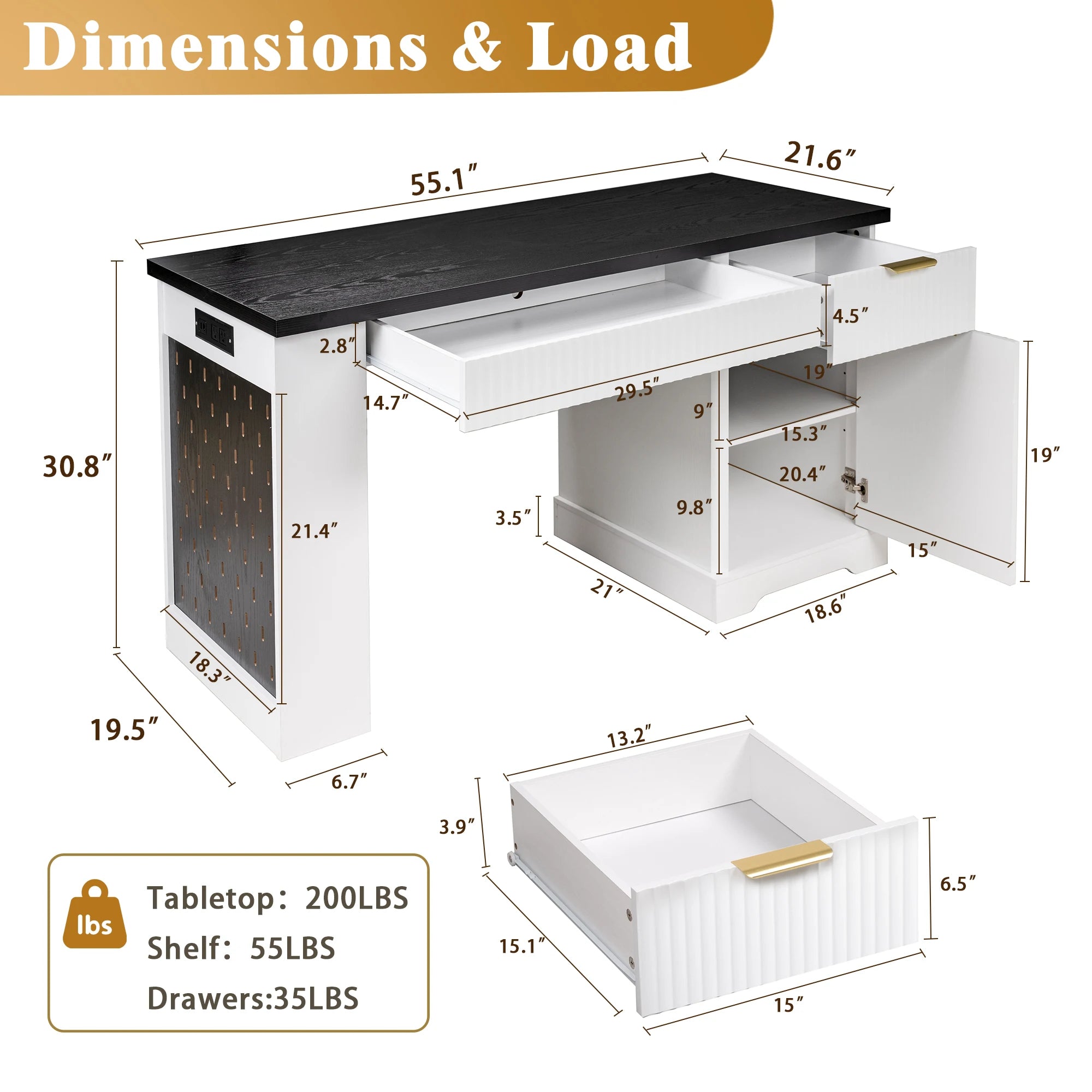 55" Modern Fluted MDF Office Desk Storage Cabinet Drawers Eco-Friendly Durable Power Outlet Built-in Shelves Keyboard Tray Home