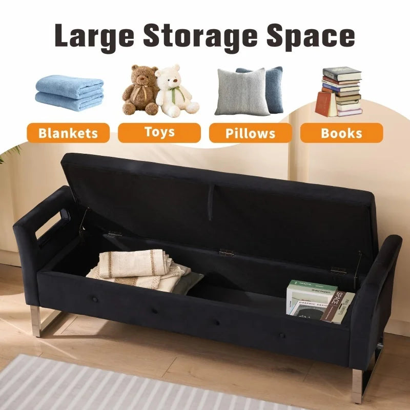 SZ 67.91"Wide Velvet Storage Soft Bench Ottoman with Armrests for Entryway and Bedroom