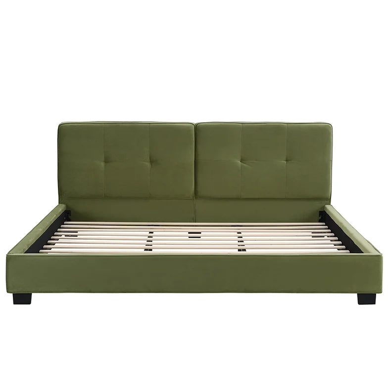 King Size Adjustable Velvet Bed Frames Modern Upholstered Platform Bed with Curved Tufted Headboard and Soft Square Corners