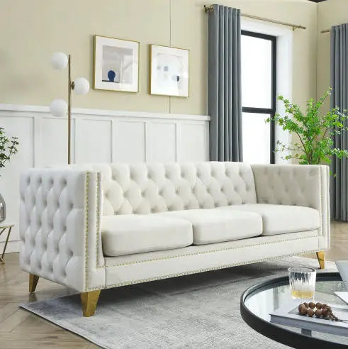 Velvet Sofa Set for Living Room Buttons Tufted Square Arm Modular Couch Modern Upholstered with Wood Legs