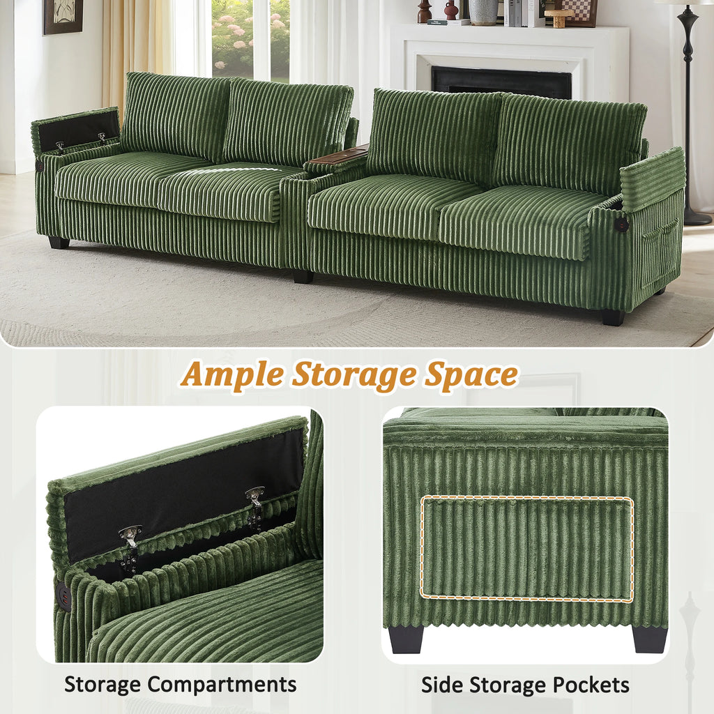 Modern Corduroy Sofa Couch USB Ports Hidden Storage Arms Flip-Top Cup Holders Reclining Feature for Bedroom Living Room