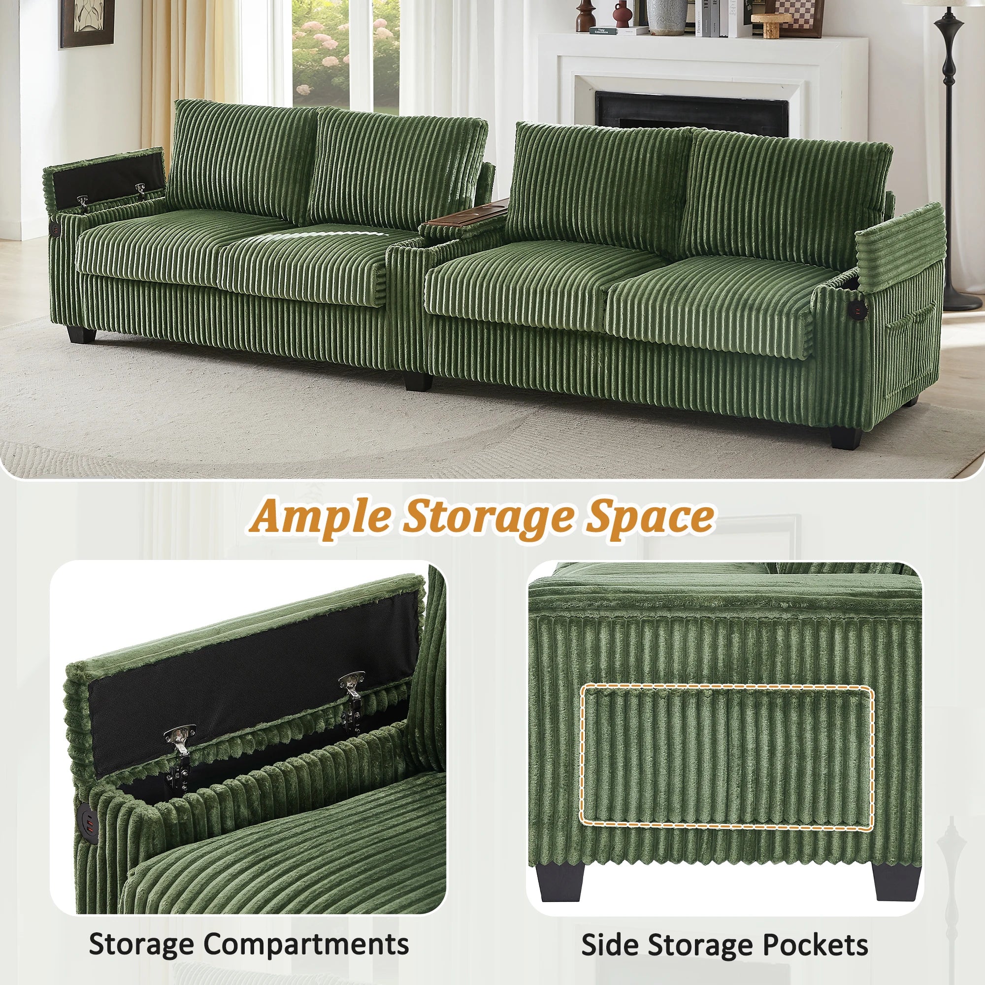 Modern Corduroy Sofa Couch USB Ports Hidden Storage Arms Flip-Top Cup Holders Reclining Feature for Bedroom Living Room