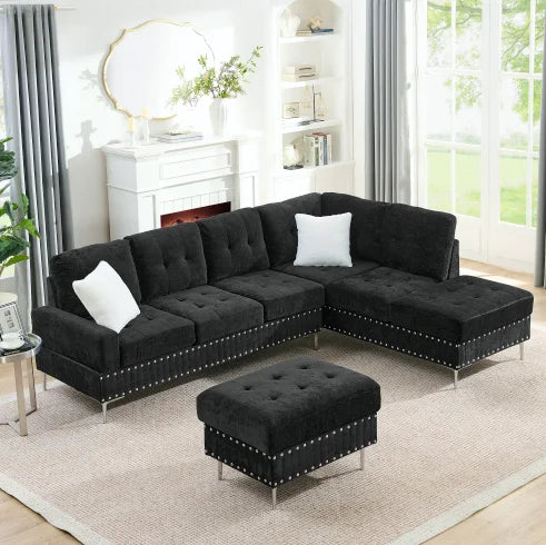 Chenille Sectional 3-Seaters Sofa Set with Chaise Storage Ottoman Metal Legs and Copper Nails Two White Pillows for Apartment