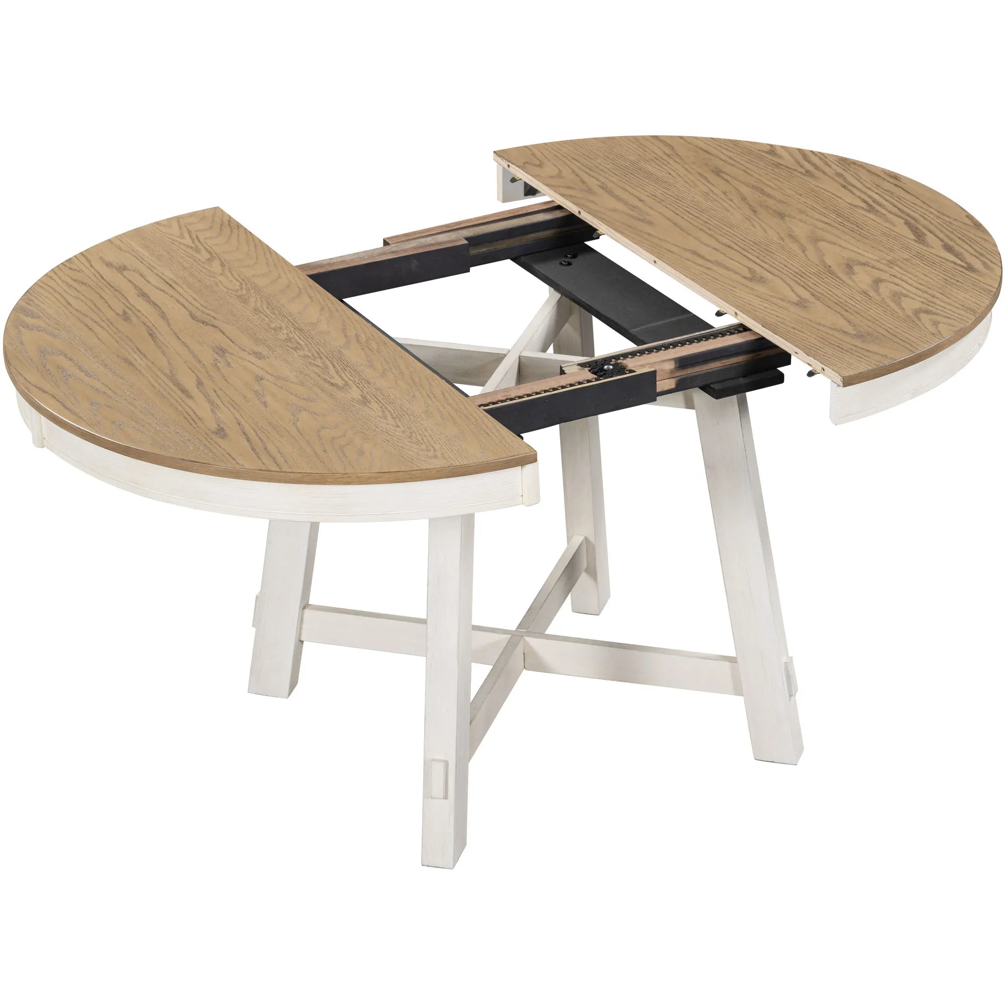 TREXM Farmhouse Round Extendable Dining Table with 16" Leaf (Oak Natural Wood Top + Antique White Finish)