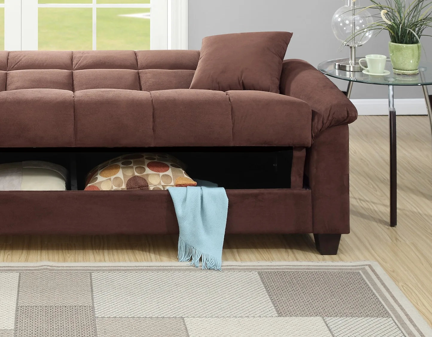 Living Room Adjustable Sofa Chocolate Color Microfiber Plush Storage Couch 1pc Futon Sofa w Pillows