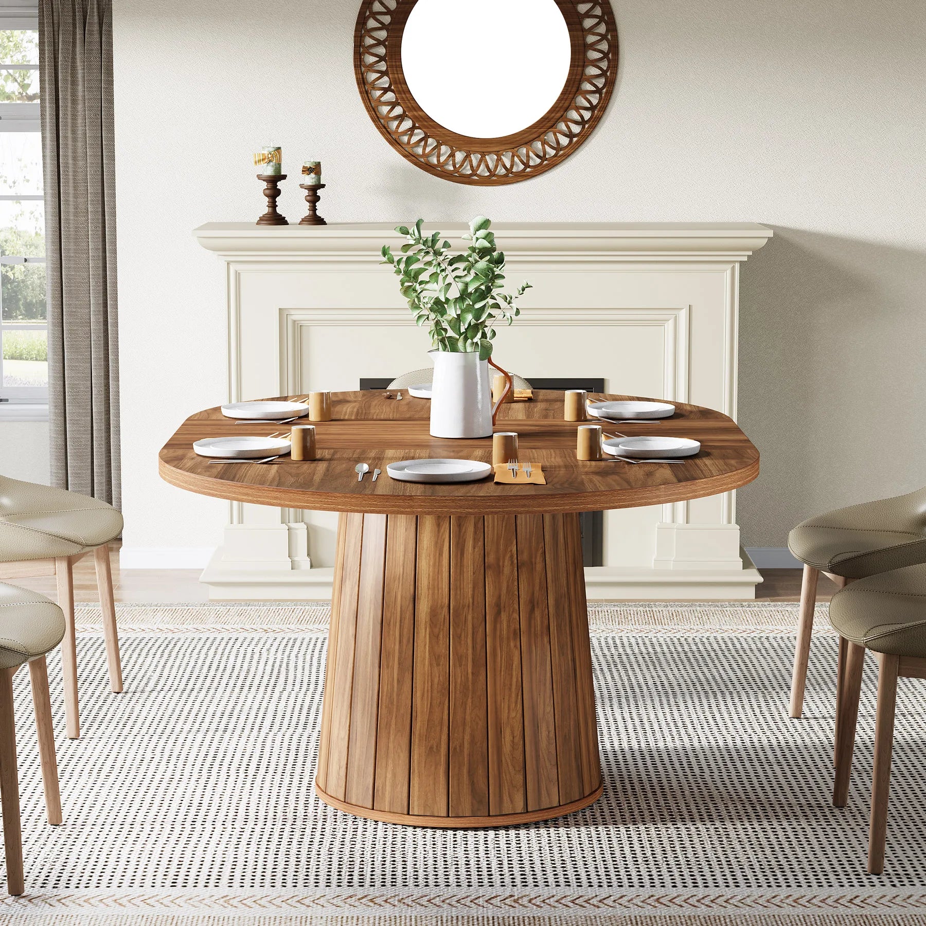 55" Oval Dining Table for 6, Farmhouse Table with Sturdy Pedestal Base for Family Gatherings in Kitchen & Dining Room