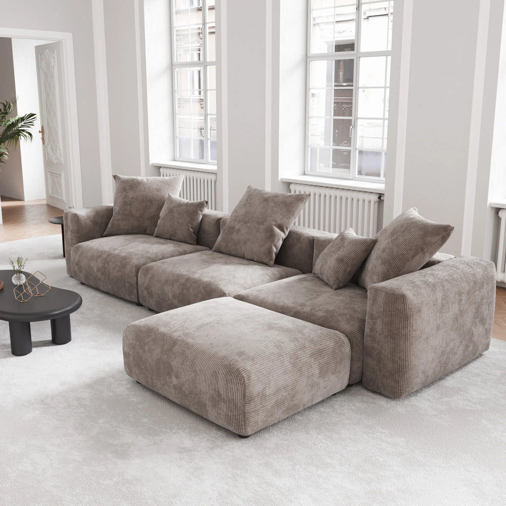 VOXHOME US Drop Shipping Living Room Furniture Nordic Vacuum Compress Brown 3 Seater Corduroy  Modular Sectional Sofa Couch Set
