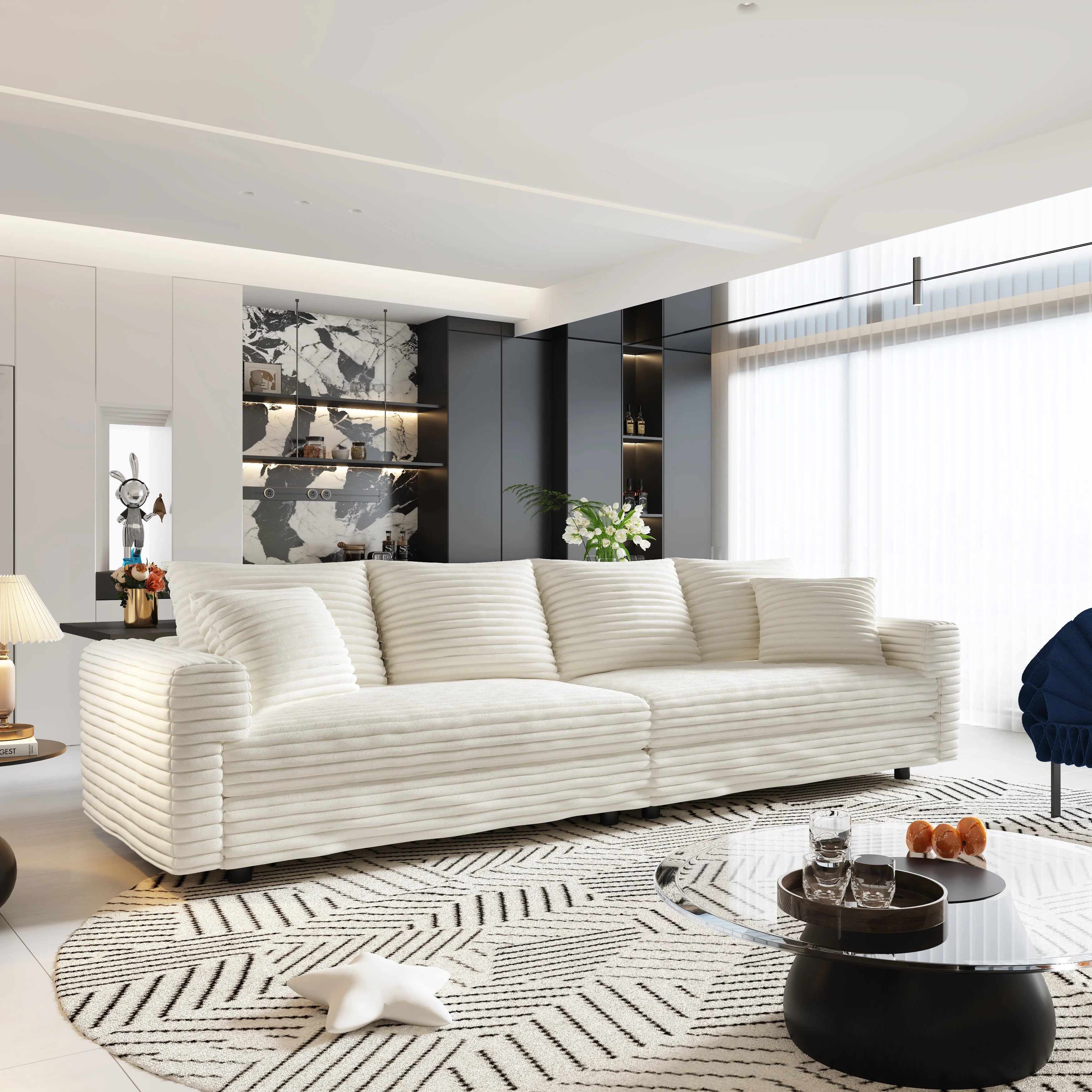 Plush Corduroy 4-Seat Sofa,Modern Comfy Upholstered Sofa Cloud Couch,Deep Seat Couches with Soft Pillows